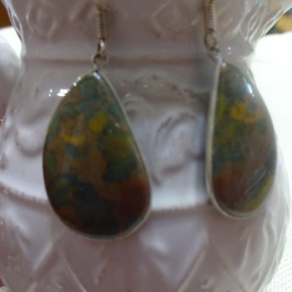 Natural "BLOODSTONE AGATE" Handmade Sterling Dangle Earrings (1" Drop) #973A - Picture 1 of 3